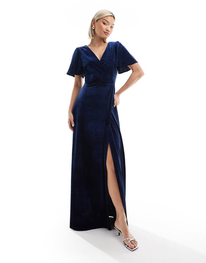 Faux Wrap Velvet Bridesmaid Maxi Dress