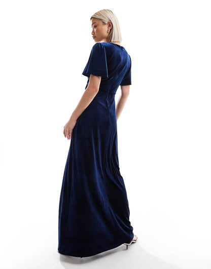 Faux Wrap Velvet Bridesmaid Maxi Dress