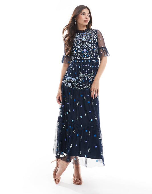 Embroidered Half Sleeve Midi Dress