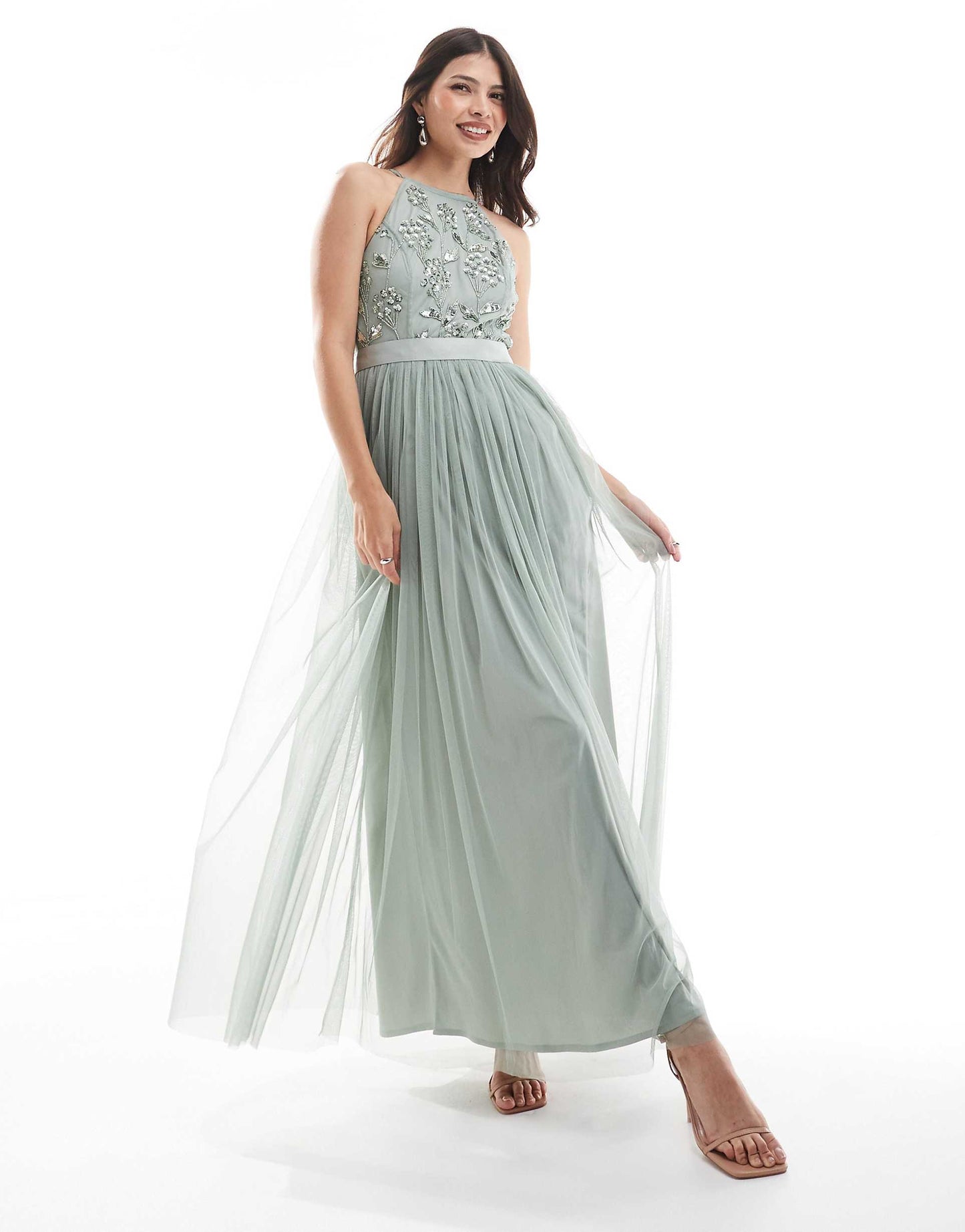Floral Embellished Halter Neck Bridesmaid Maxi Dress
