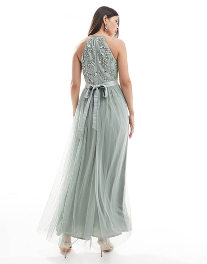 Floral Embellished Halter Neck Bridesmaid Maxi Dress