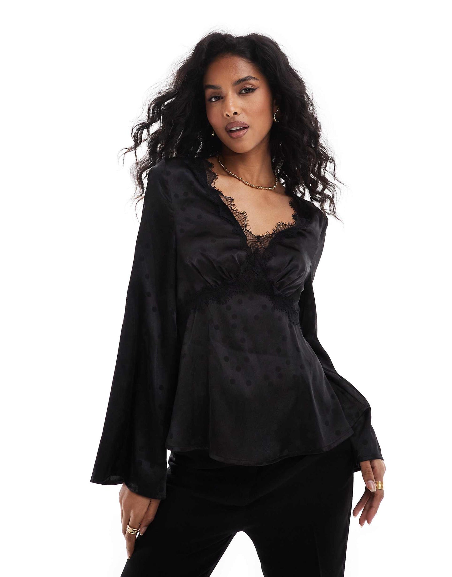 Polka Dot Long Sleeve Satin Top