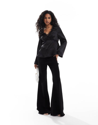 Polka Dot Long Sleeve Satin Top