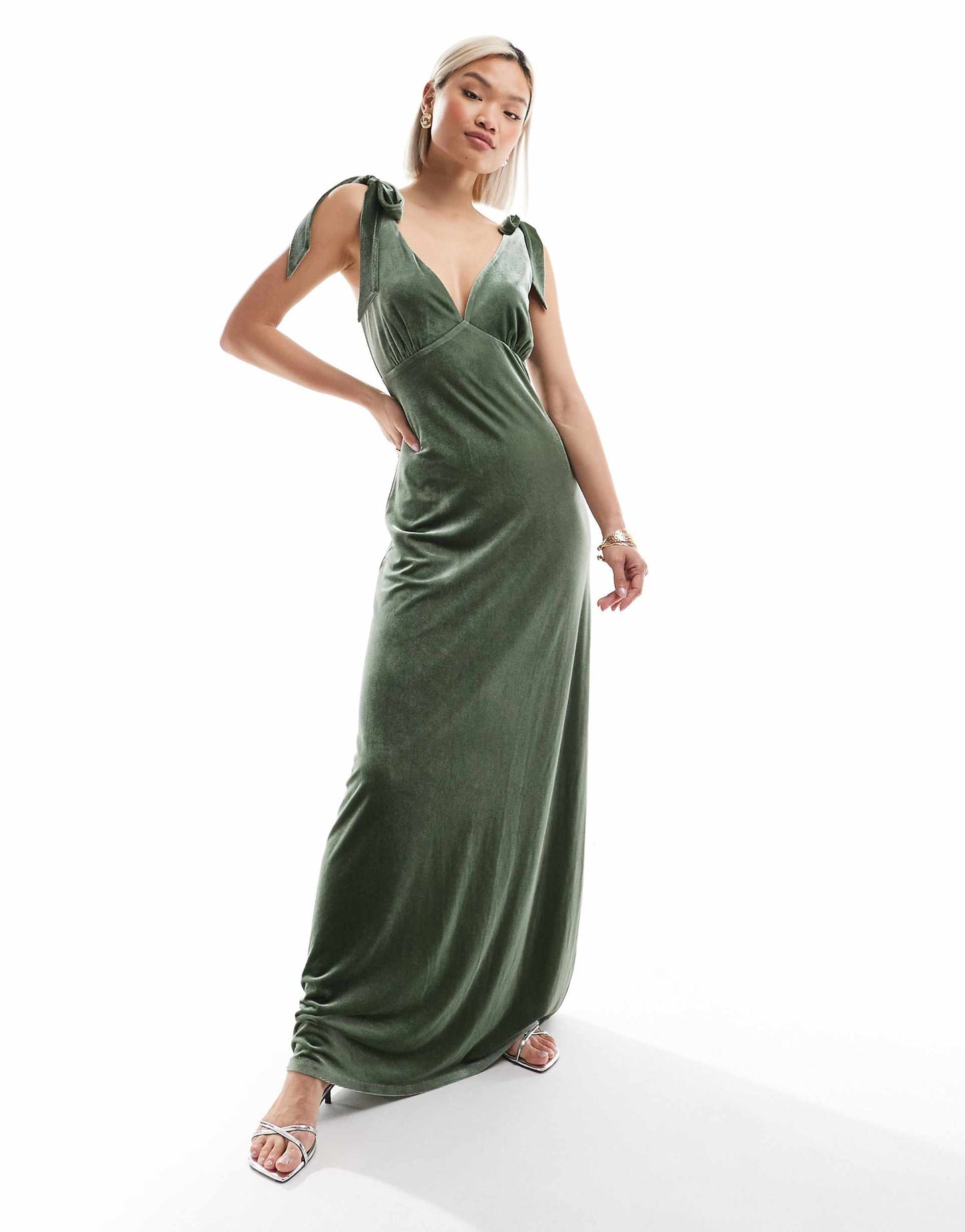 Tie Shoulder Velvet Bridesmaid Maxi Dress