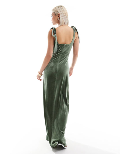 Tie Shoulder Velvet Bridesmaid Maxi Dress