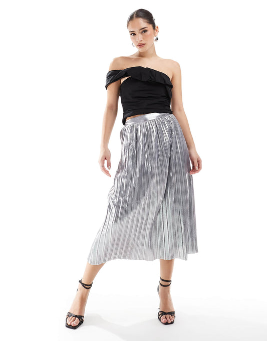 Metallic Pleated Midi Skirt