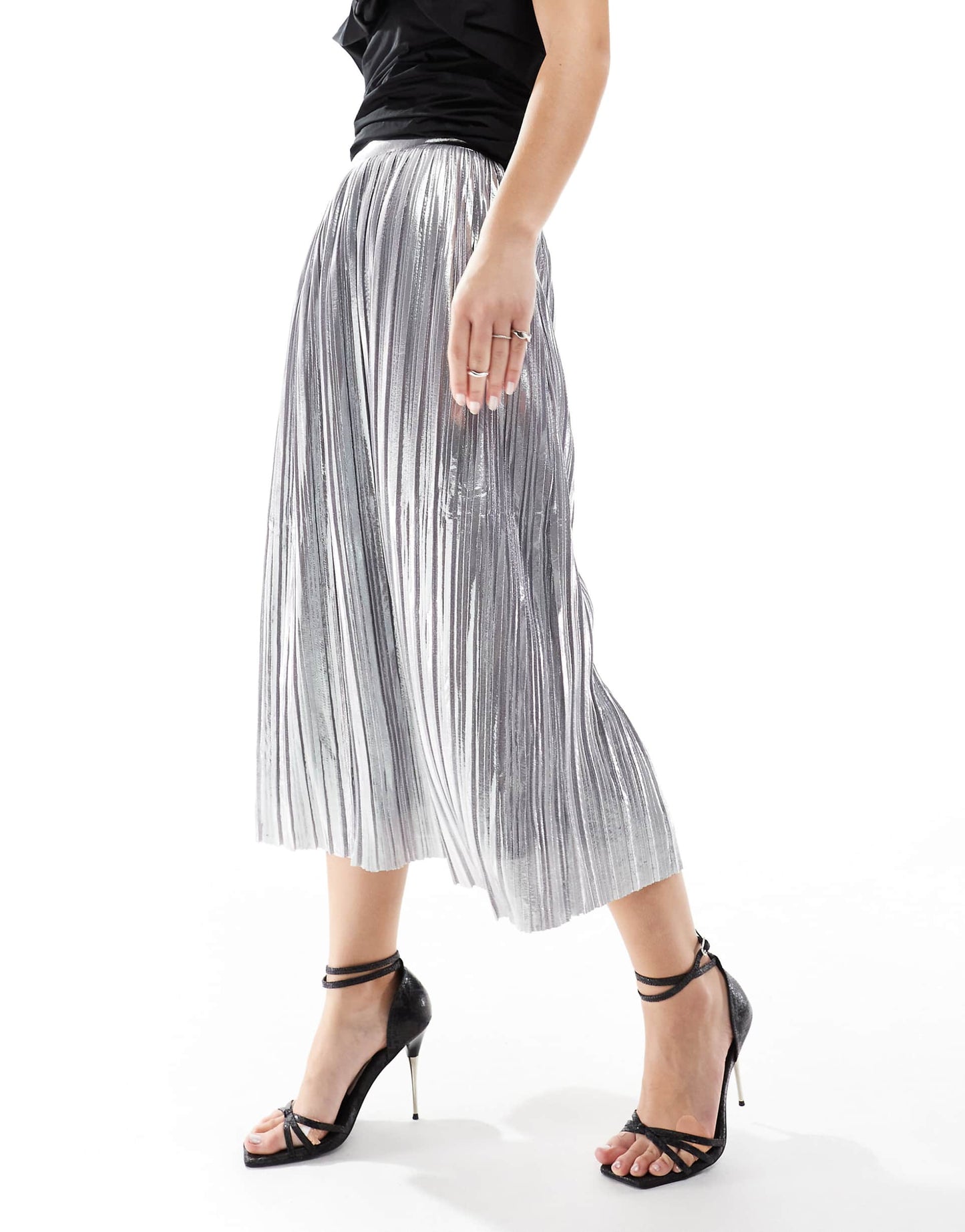 Metallic Pleated Midi Skirt