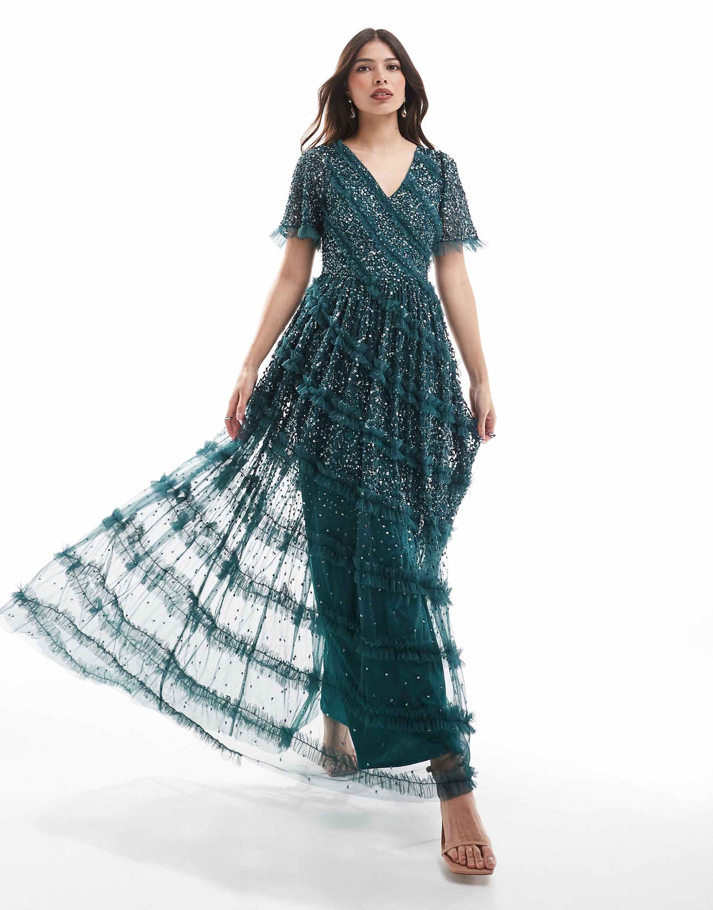 Embellished Short Sleeve V Neck Bridesmaid Maxi Dress