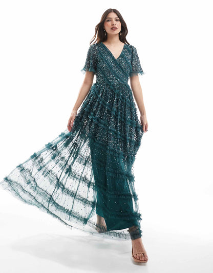 Embellished Short Sleeve V Neck Bridesmaid Maxi Dress