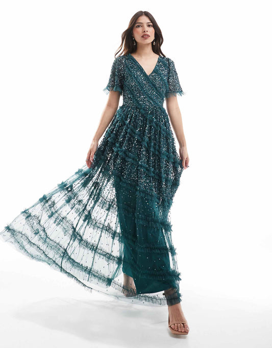 Embellished Short Sleeve V Neck Bridesmaid Maxi Dress