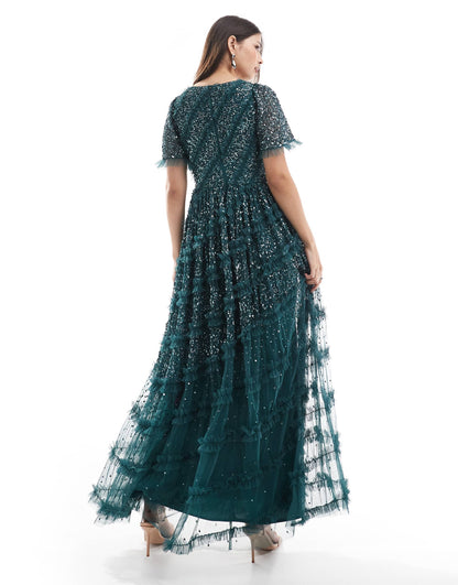 Embellished Short Sleeve V Neck Bridesmaid Maxi Dress