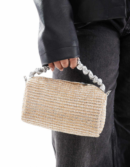 Metallic Top Handle Straw Crossbody Bag