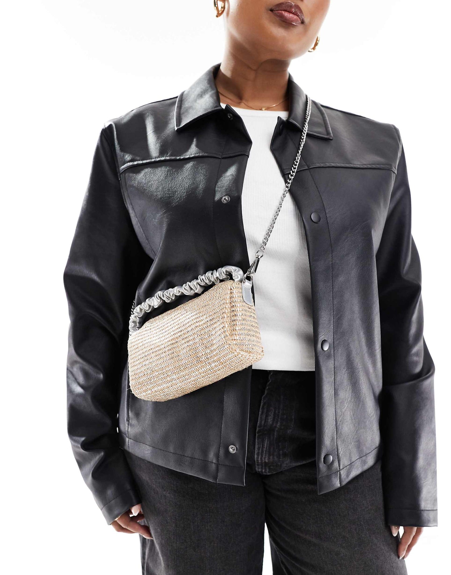 Metallic Top Handle Straw Crossbody Bag