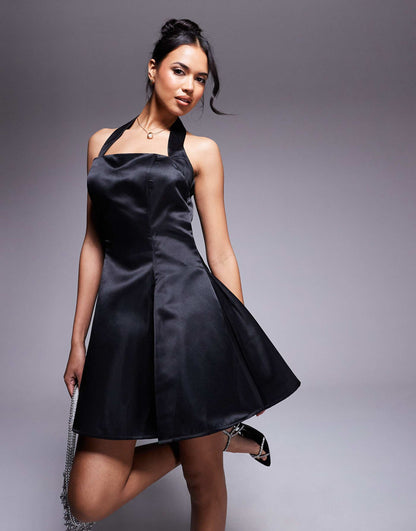 Halter Neck Satin Mini Prom Dress