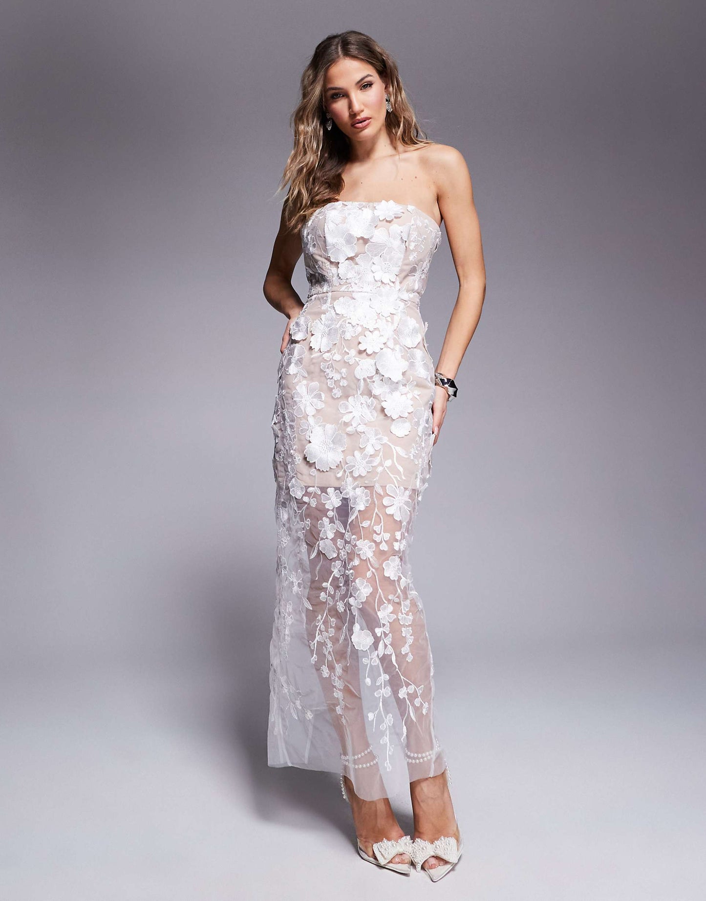 Embroidered Mesh Tube Midaxi Dress