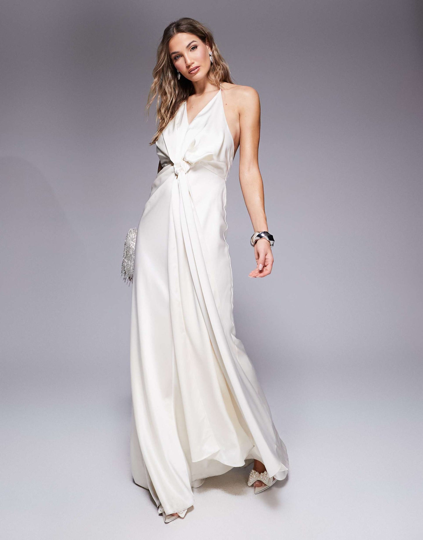 Halter Neck Drape Satin Maxi Gown