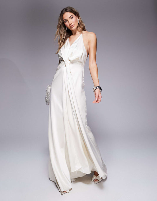 Halter Neck Drape Satin Maxi Gown