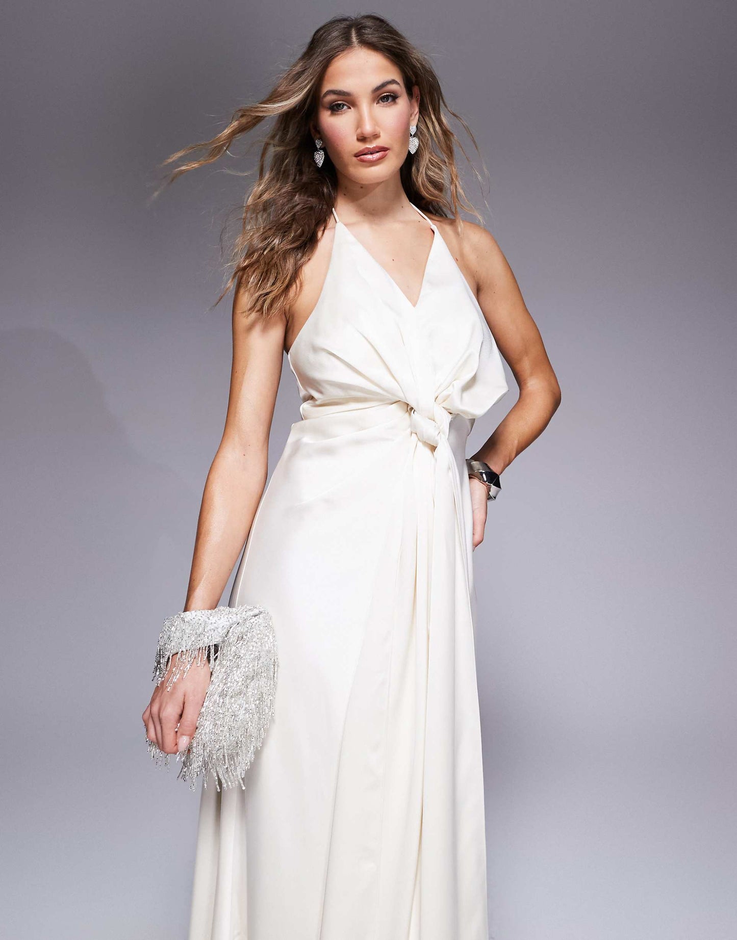Halter Neck Drape Satin Maxi Gown