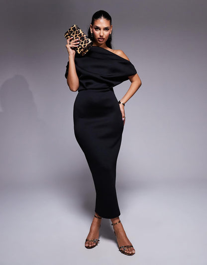 Dramatic Neckline Scuba Midi Dress