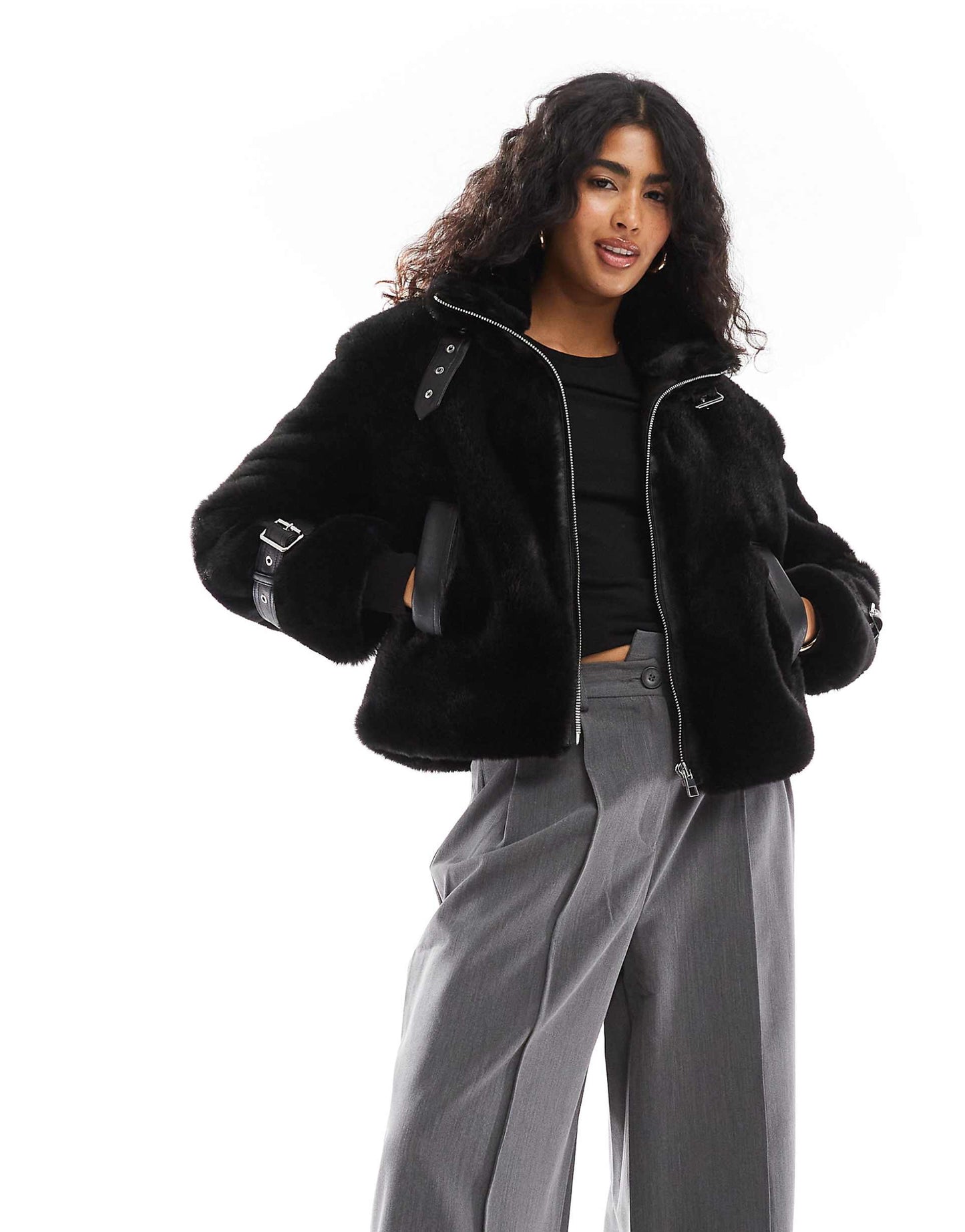 Buckle Detail Faux Fur Jacket