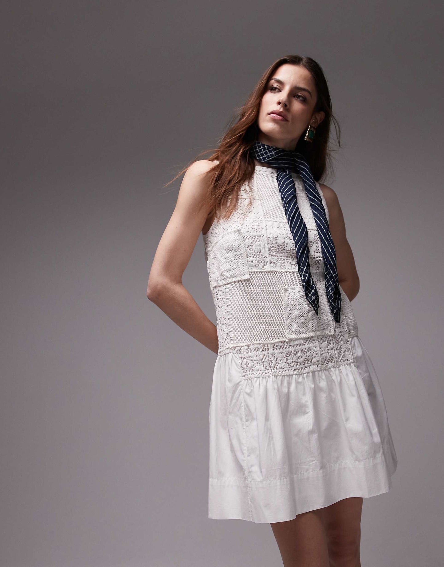 Crochet Patchwork Dropped Hem Mini Dress