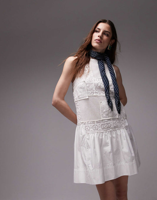 Crochet Patchwork Dropped Hem Mini Dress