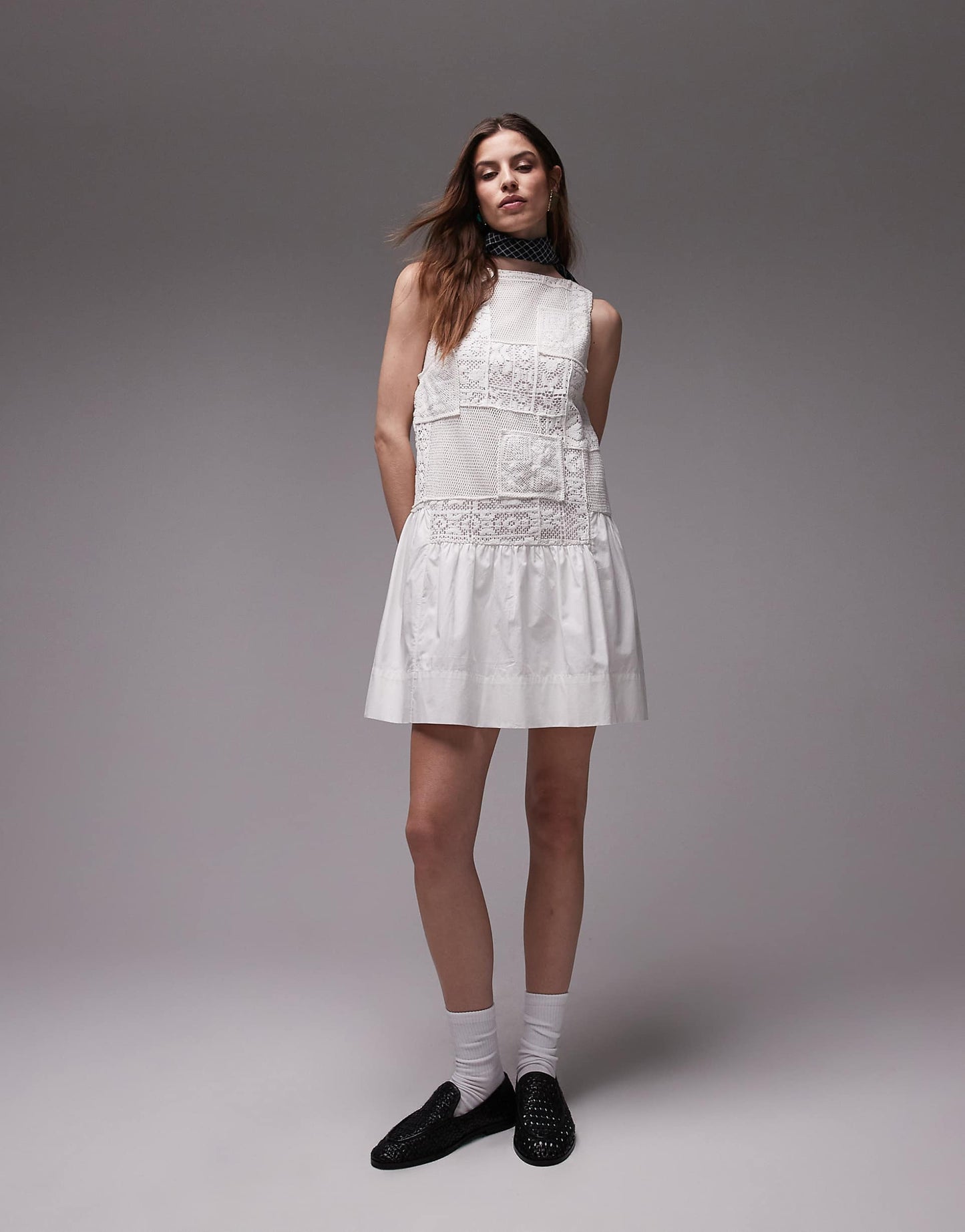 Crochet Patchwork Dropped Hem Mini Dress