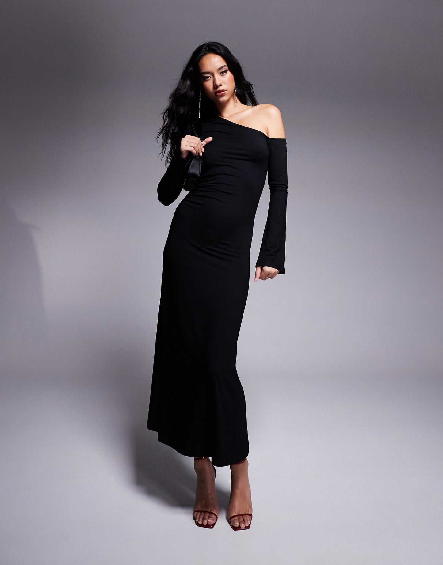 High Asymmetric Neck Angel Sleeve Midi Dress