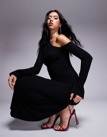 High Asymmetric Neck Angel Sleeve Midi Dress