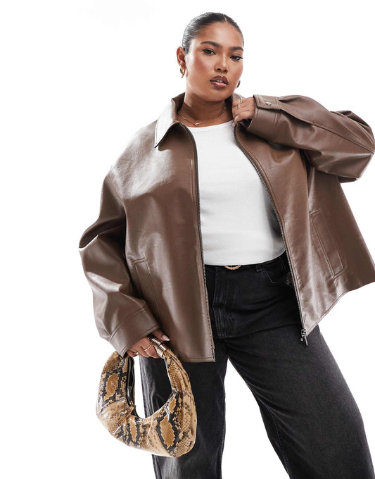 Curve Zip Front Leather Look Harrington