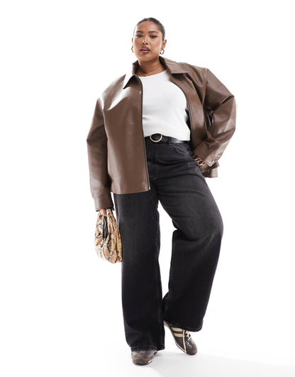 Curve Zip Front Leather Look Harrington