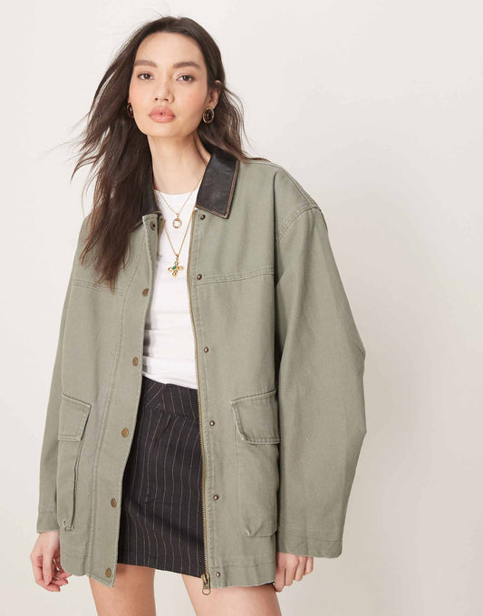 Oversized Washed Barn Jacket With Leather Look Collar