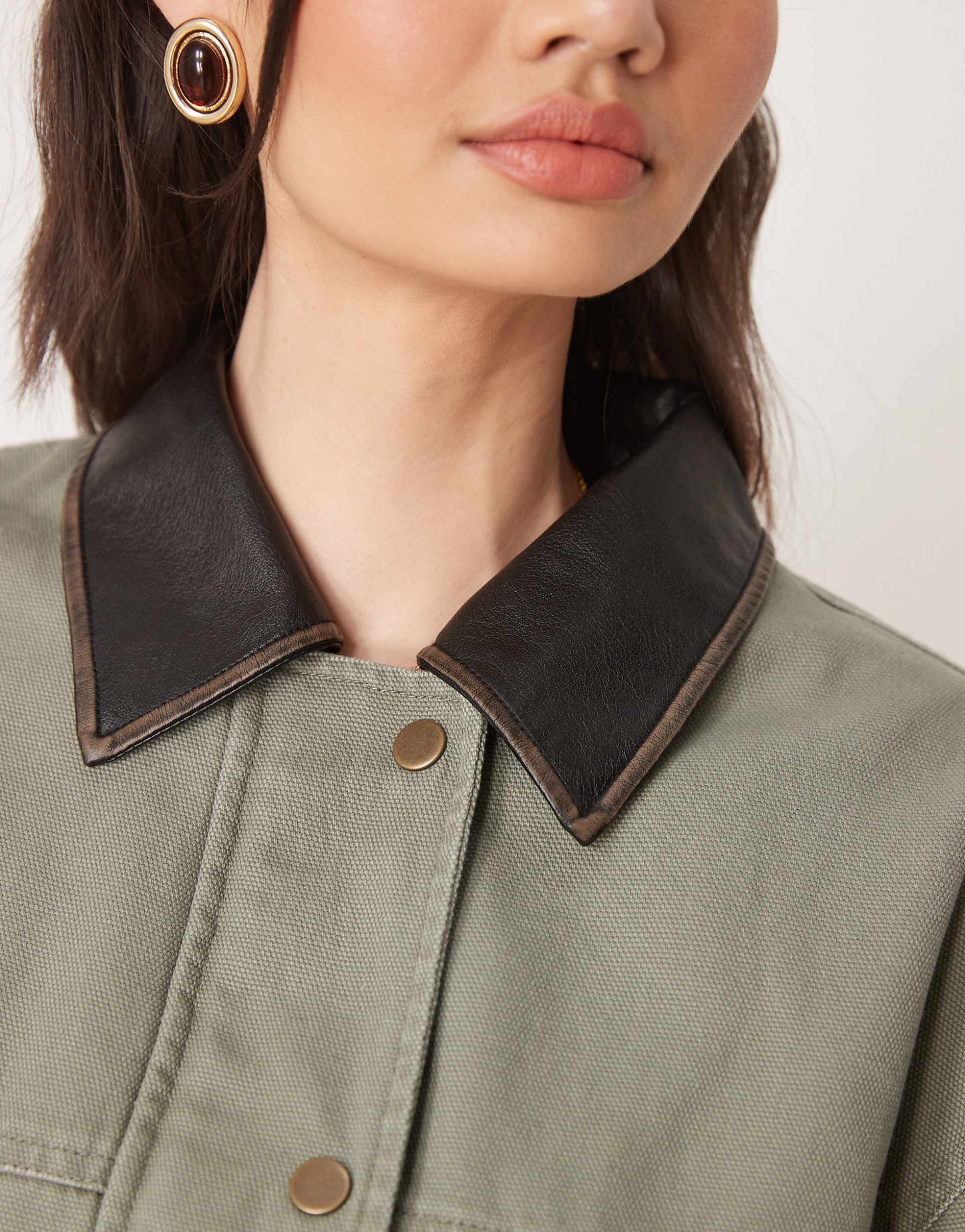 Oversized Washed Barn Jacket With Leather Look Collar