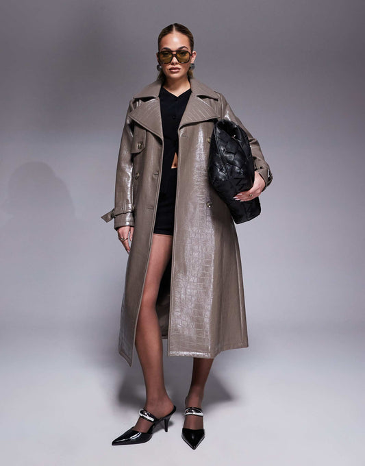 Faux Leather Croc Trench Coat