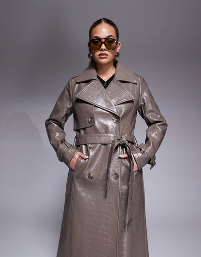 Faux Leather Croc Trench Coat