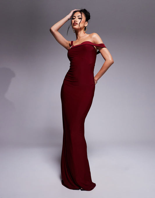 Exclusive Slinky Double Sculpted Asymmetric Sleeve Metal Ring Detail Bodycon Maxi Dress