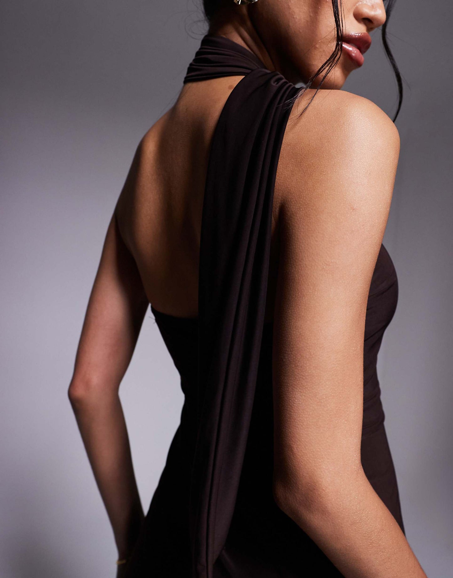 Exclusive Slinky Double Sculpted Halterneck Scarf Detail Mini Dress