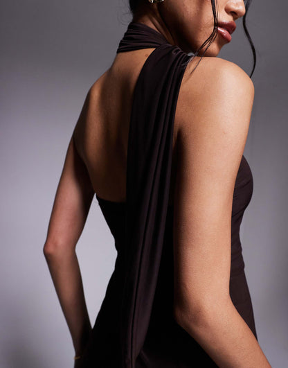 Exclusive Slinky Double Sculpted Halterneck Scarf Detail Mini Dress