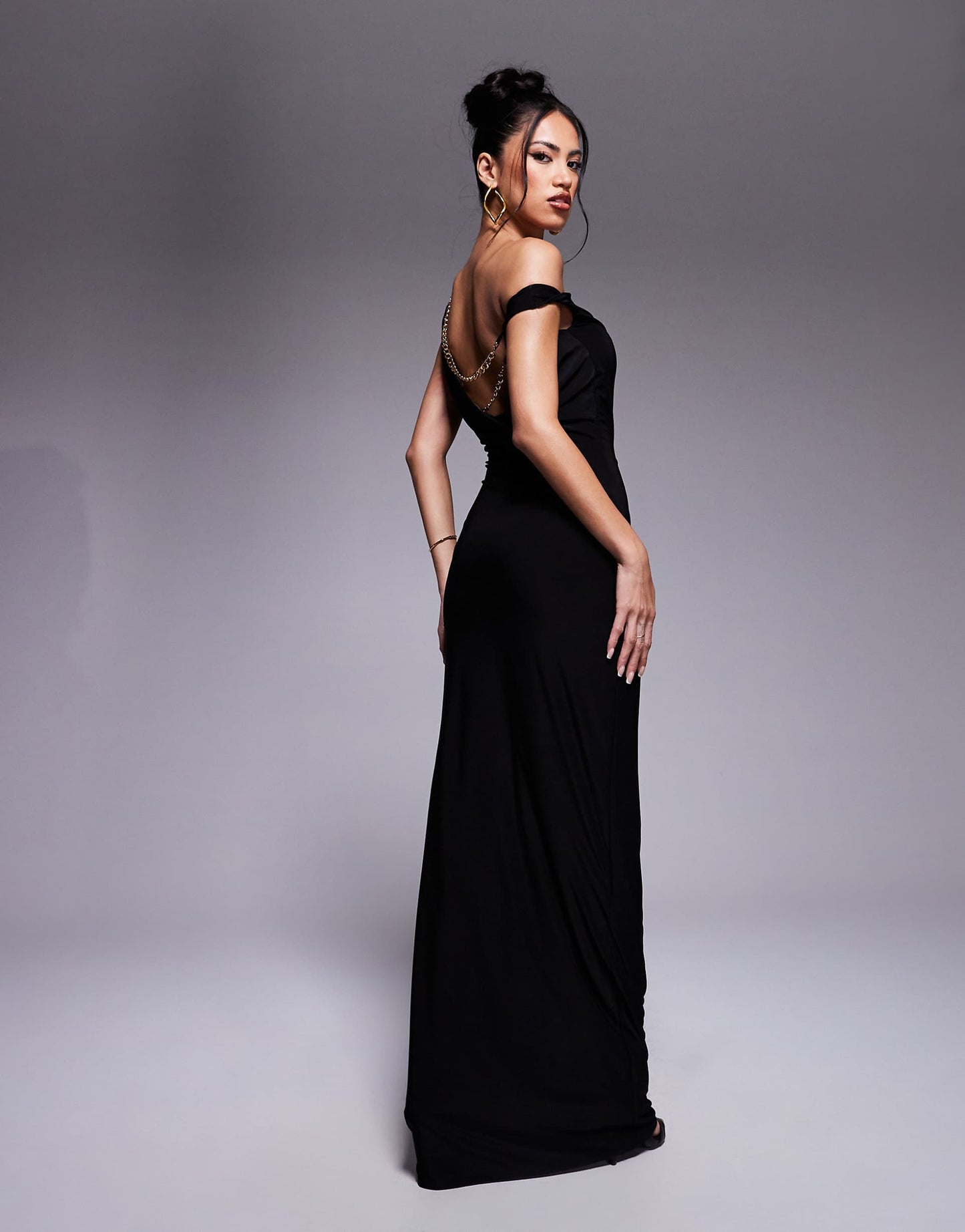 Exclusive Slinky Double Sculpted Off Shoulder Chain Detail Low Back Maxi Dress