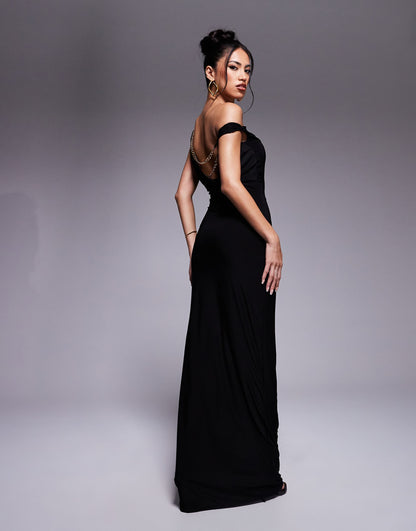 Exclusive Slinky Double Sculpted Off Shoulder Chain Detail Low Back Maxi Dress