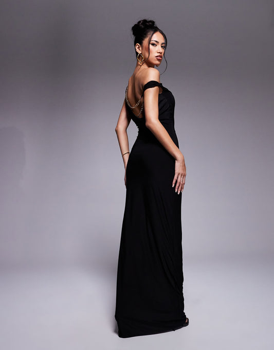 Exclusive Slinky Double Sculpted Off Shoulder Chain Detail Low Back Maxi Dress