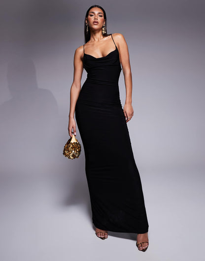 Exclusive Slinky Double Sculpted Strappy Cowl Neck Cross Back Metal Ring Detail Maxi Dress