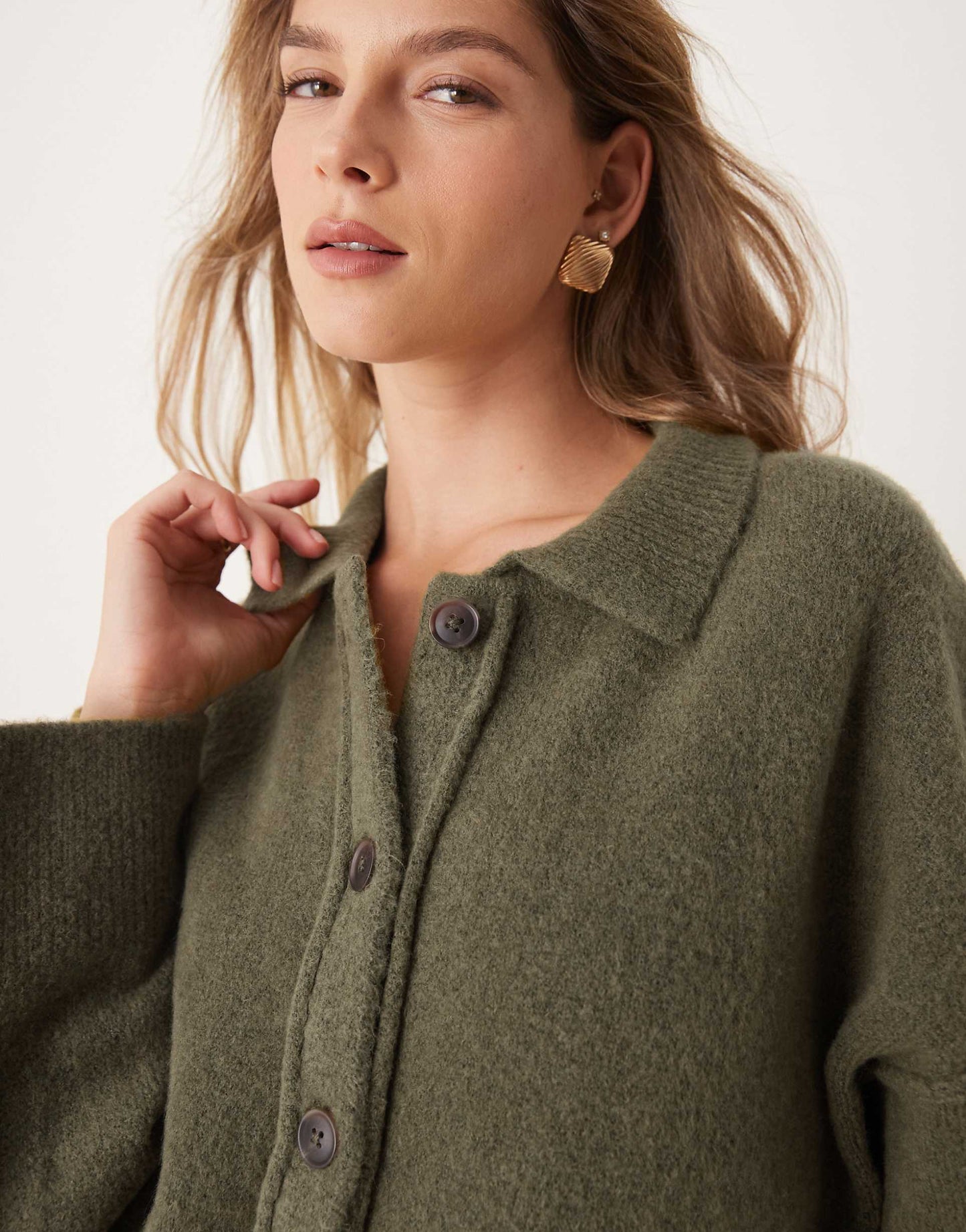 Knitted Collar Shirt Cardigan With Seam Detail