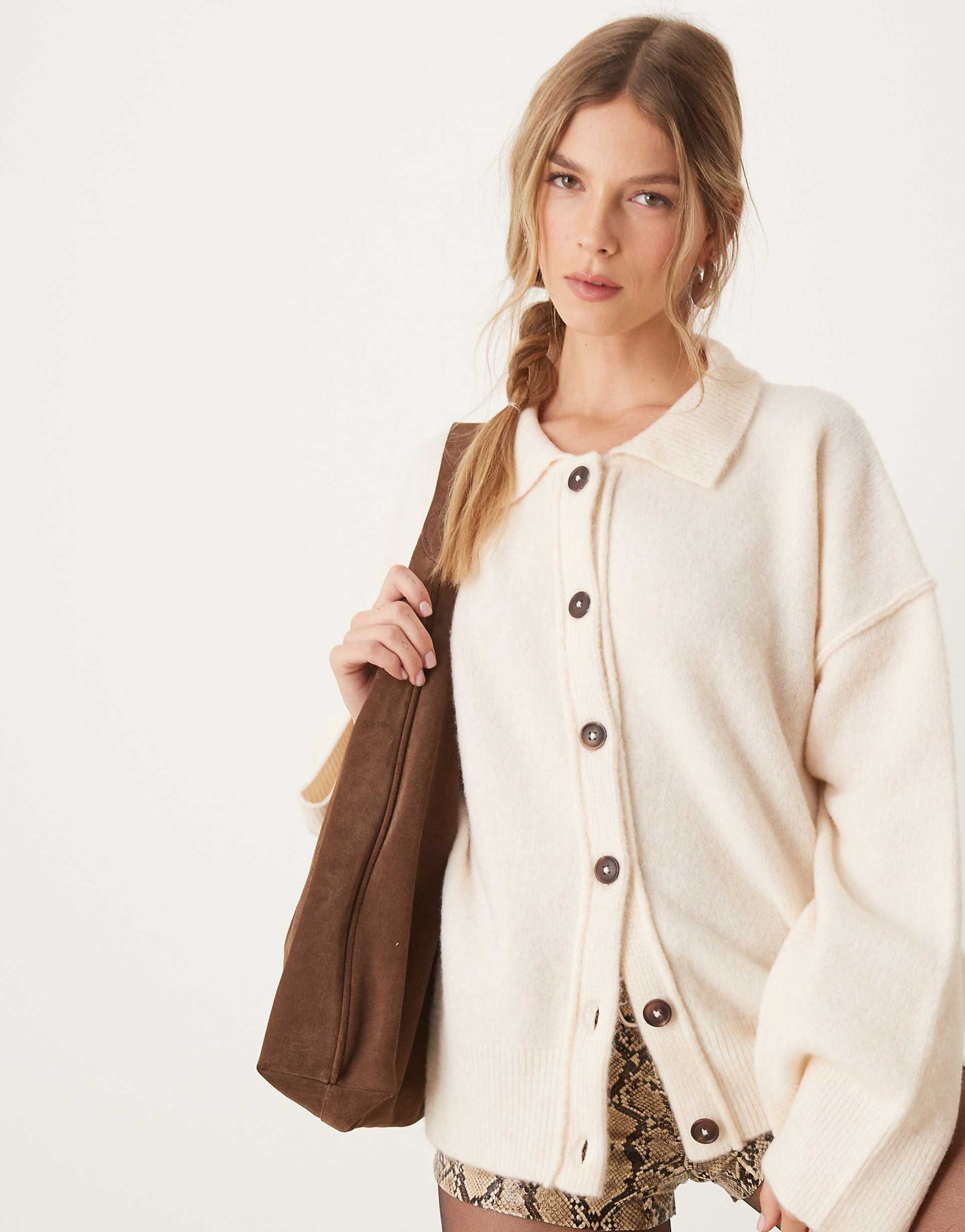 Knitted Collar Shirt Cardigan With Seam Detail