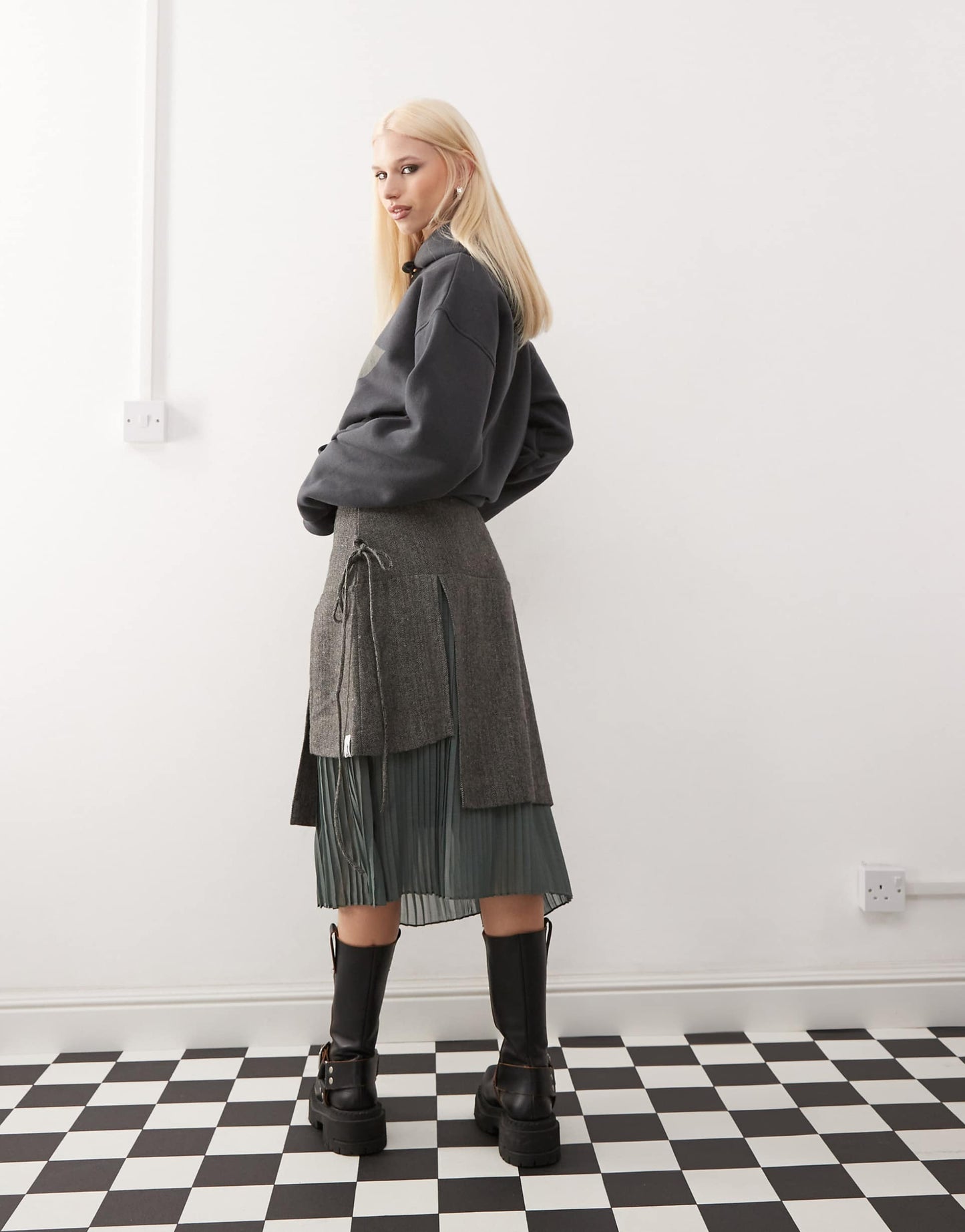 Overlay Tweed Kilt Midi Skirt