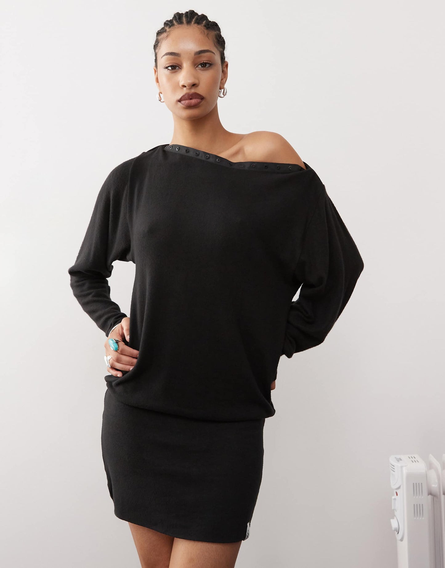 Bonnie Popper Detail Slash Neck Mini Dress