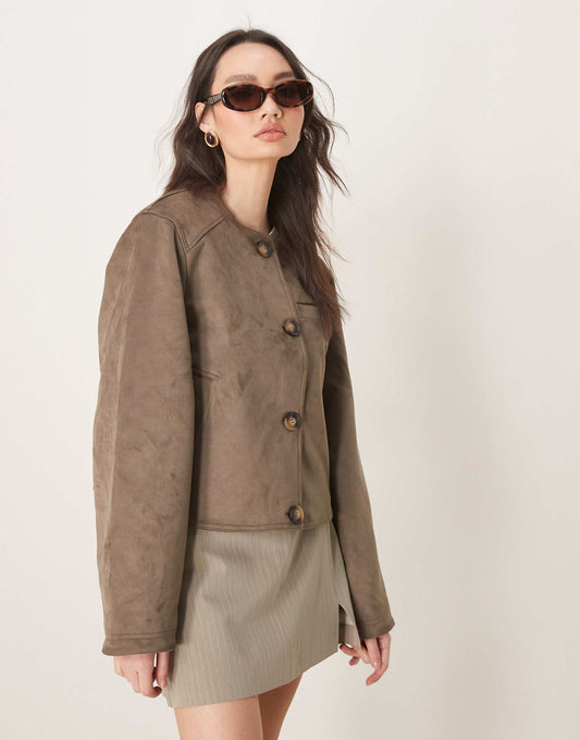 Collarless Faux Suede Jacket