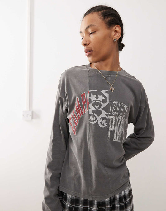 Oversized Long Sleeve T-Shirt With Cut And Sew Varsity Graphic Print