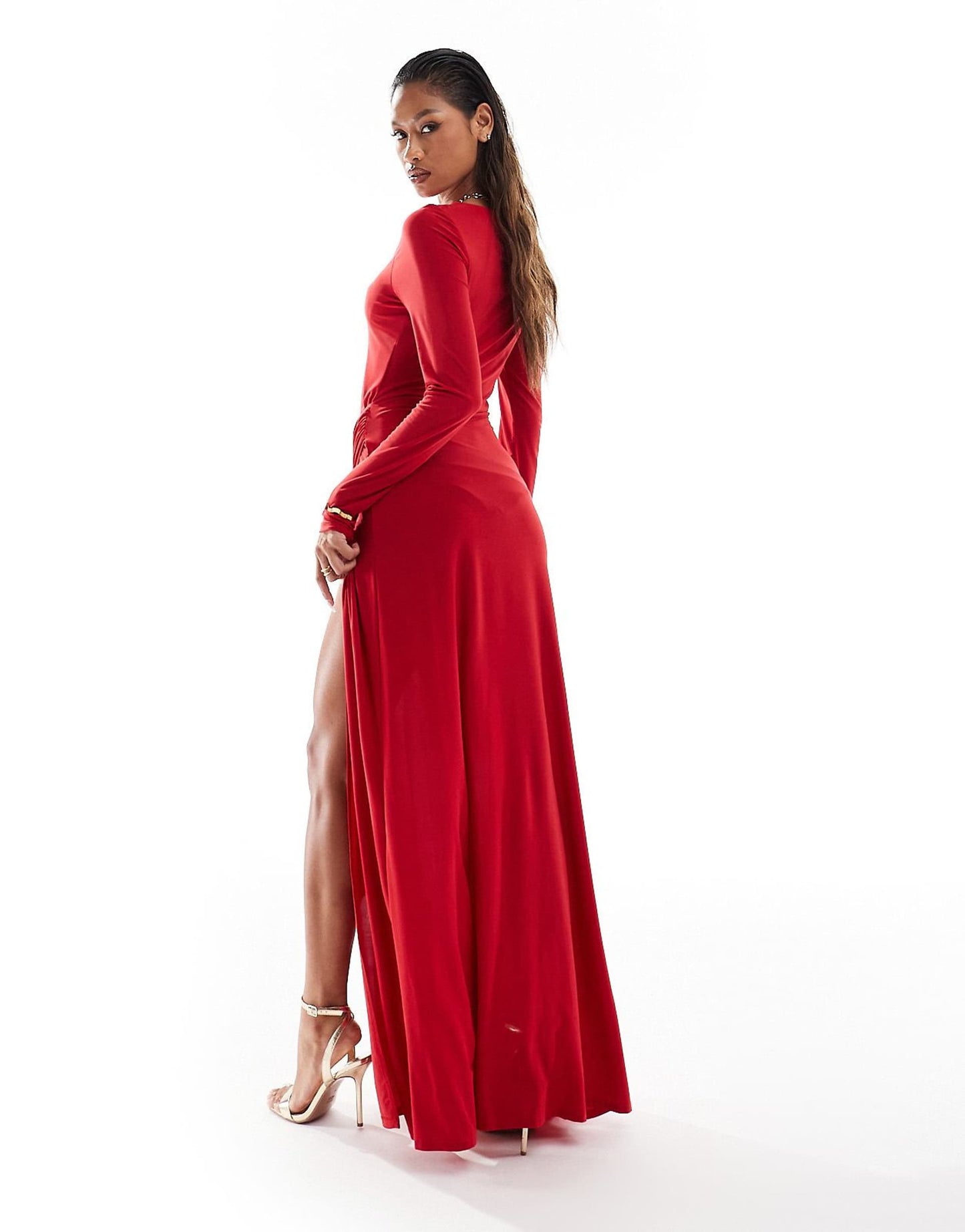 Long Sleeve Cut Out Sarong Detail Maxi Dress