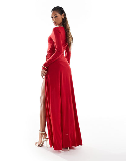 Long Sleeve Cut Out Sarong Detail Maxi Dress